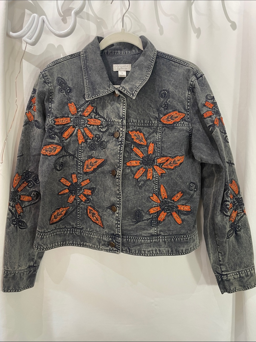 Christopher & Banks Grey Denim Jacket with Orange Floral Embroidery